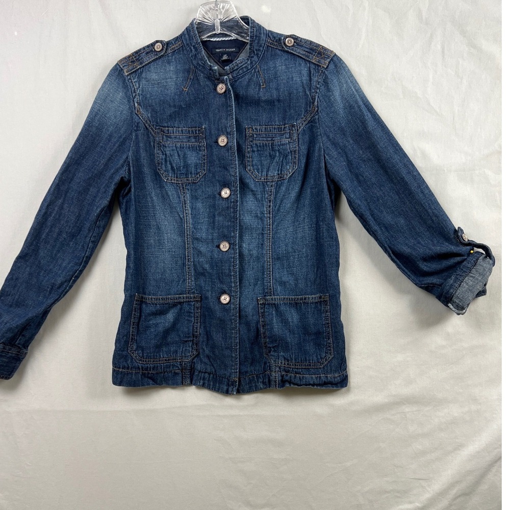 Tommy Hilfiger Denim Utility Jacket Women Small Blue Military Button Front